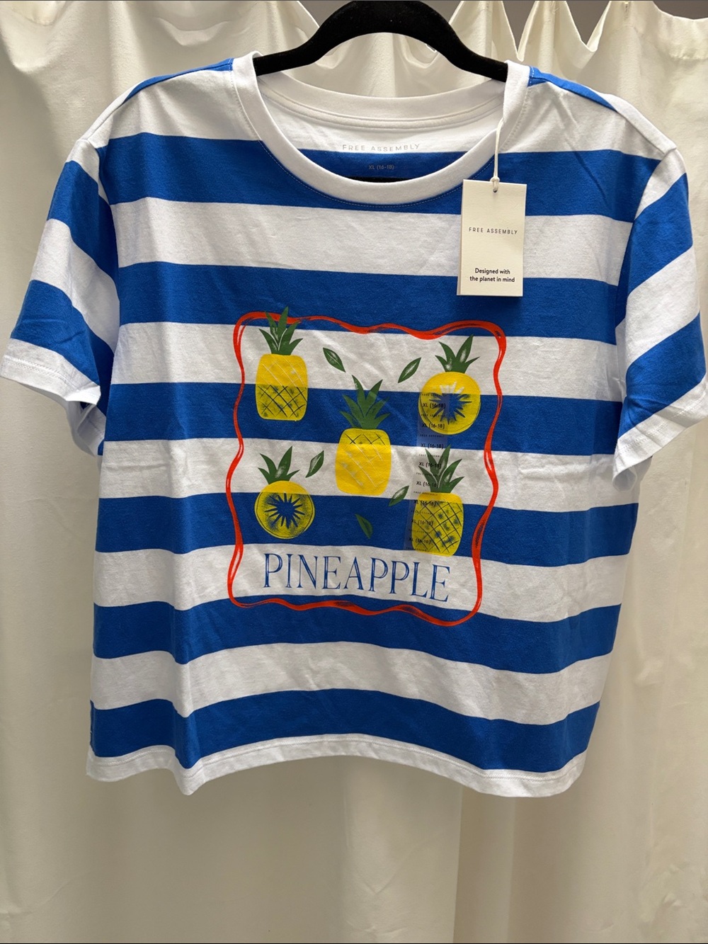 Women’s Blue & White Pineapple Striped Tee organic cotton sz XL
